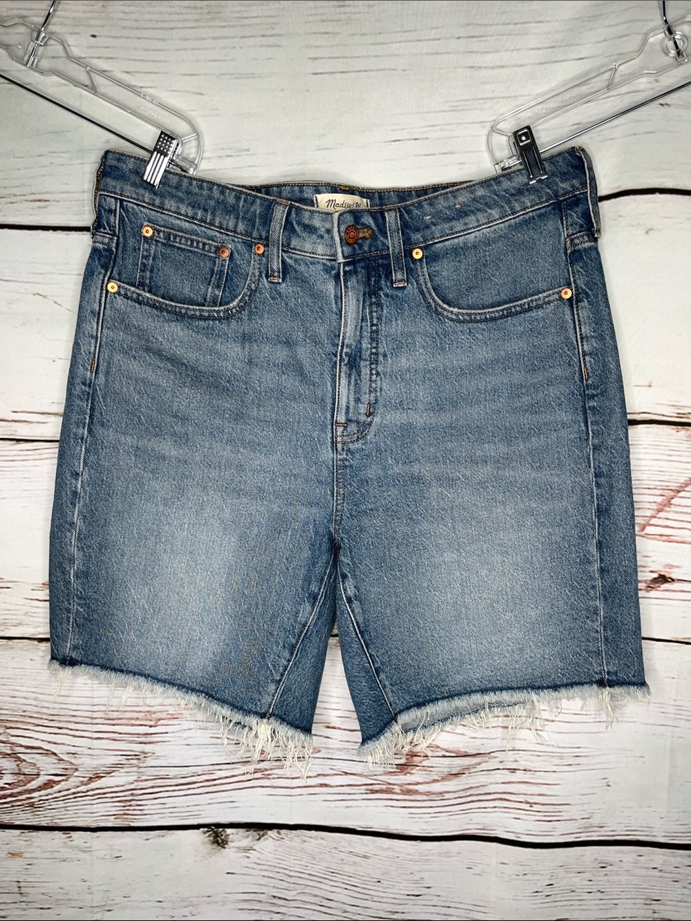 Madewell Size 14W Blue Denim Raw Hemline High Rise Mid Length Jean Shorts